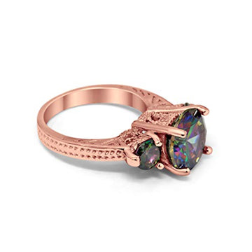 Three Stone Ring Round Rose Tone, Simulated Rainbow CZ 925 Sterling Silver